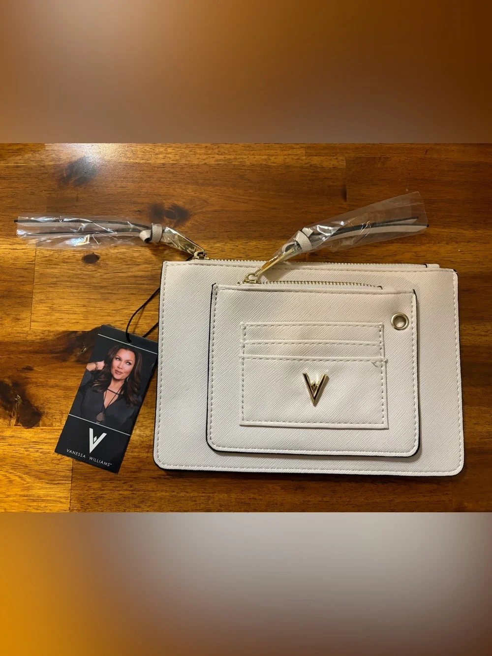 NWT Vanessa Williams Cream Wristlet Clutch with Gold V Accent